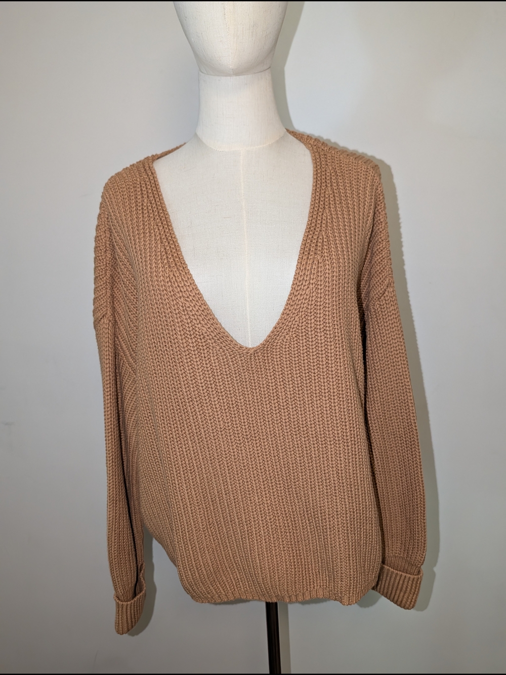 French Connection Deep V-Neck Chunky Knit Sweater in Camel